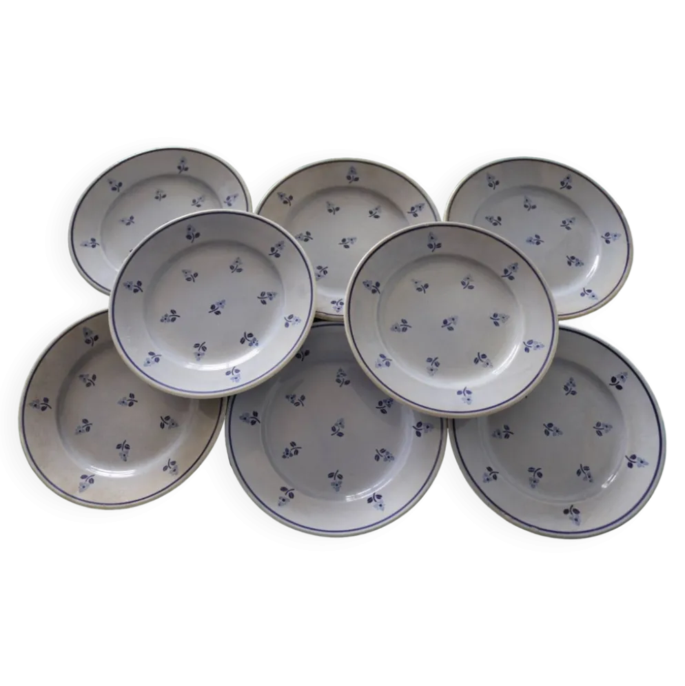 8 assiettes à dessert anciennes bleues fleuries faïencerie nouvelle