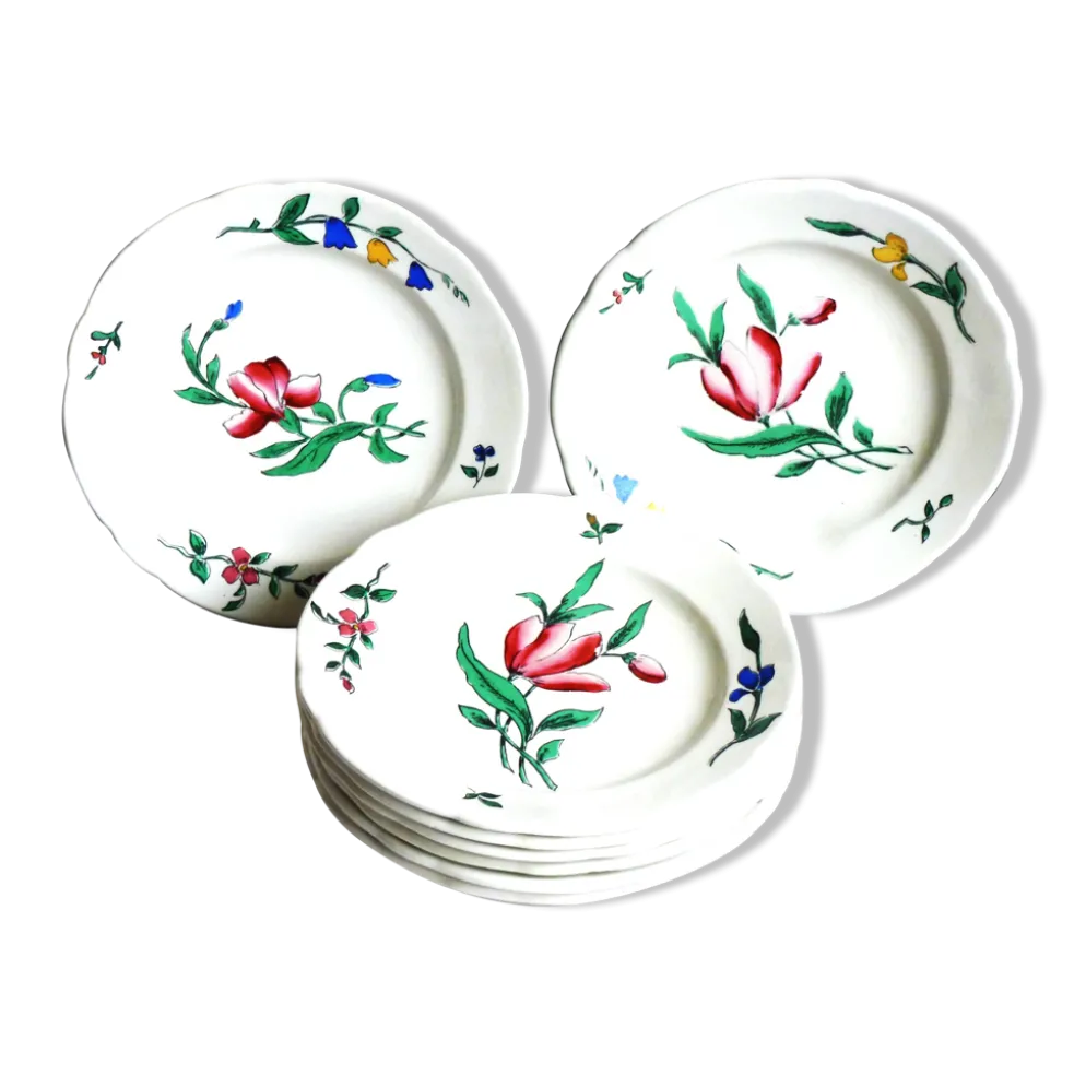 8 assiettes à dessert au décor floral peint mains, assiettes plates.