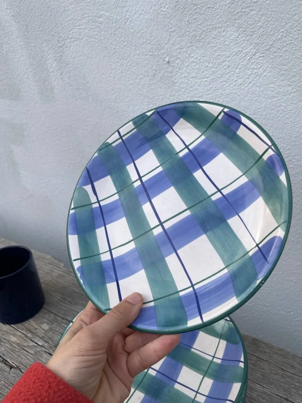 8 assiettes à dessert à carreaux verte et bleu