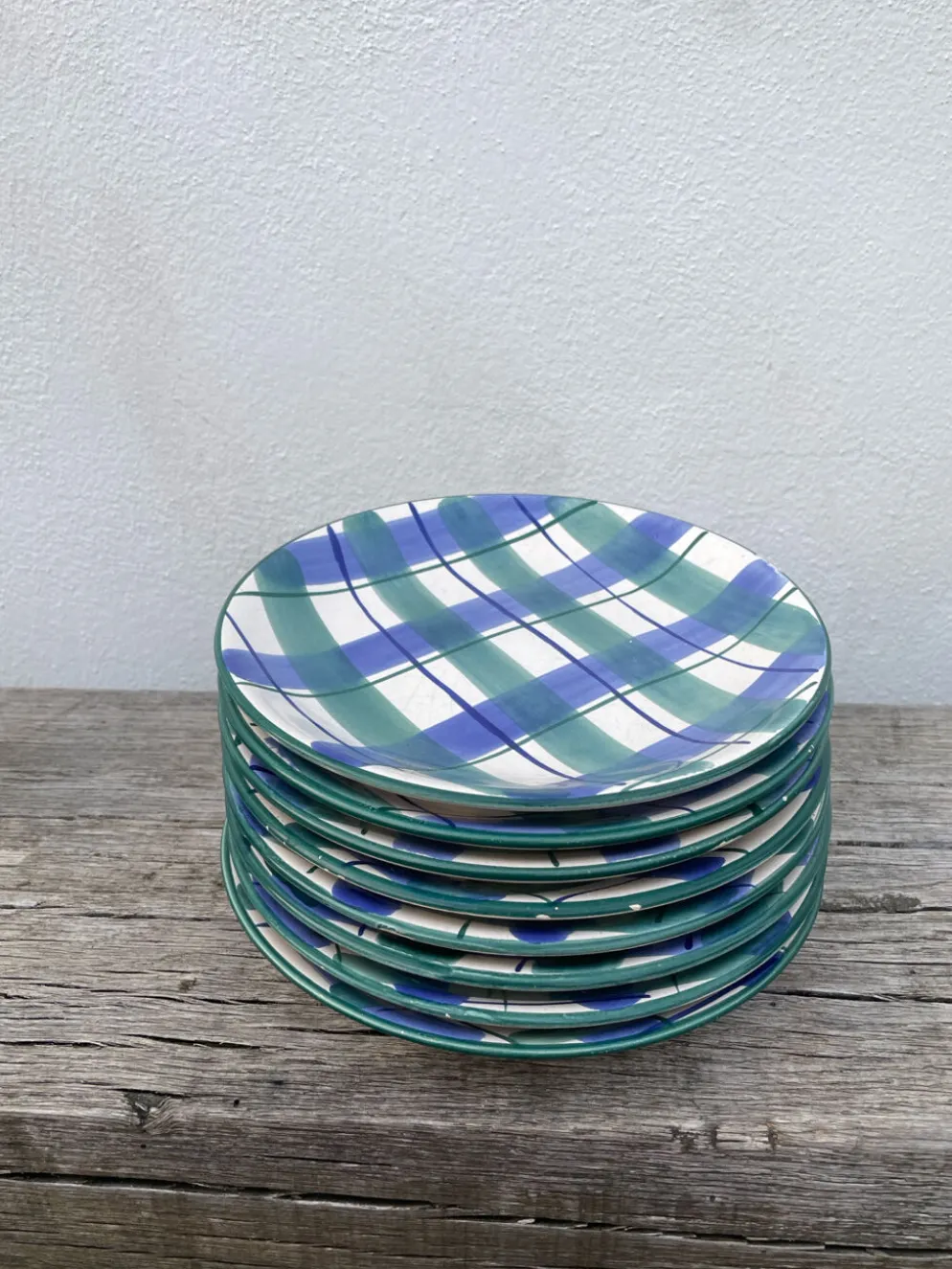 8 assiettes à dessert à carreaux verte et bleu