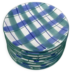 8 assiettes à dessert à carreaux verte et bleu