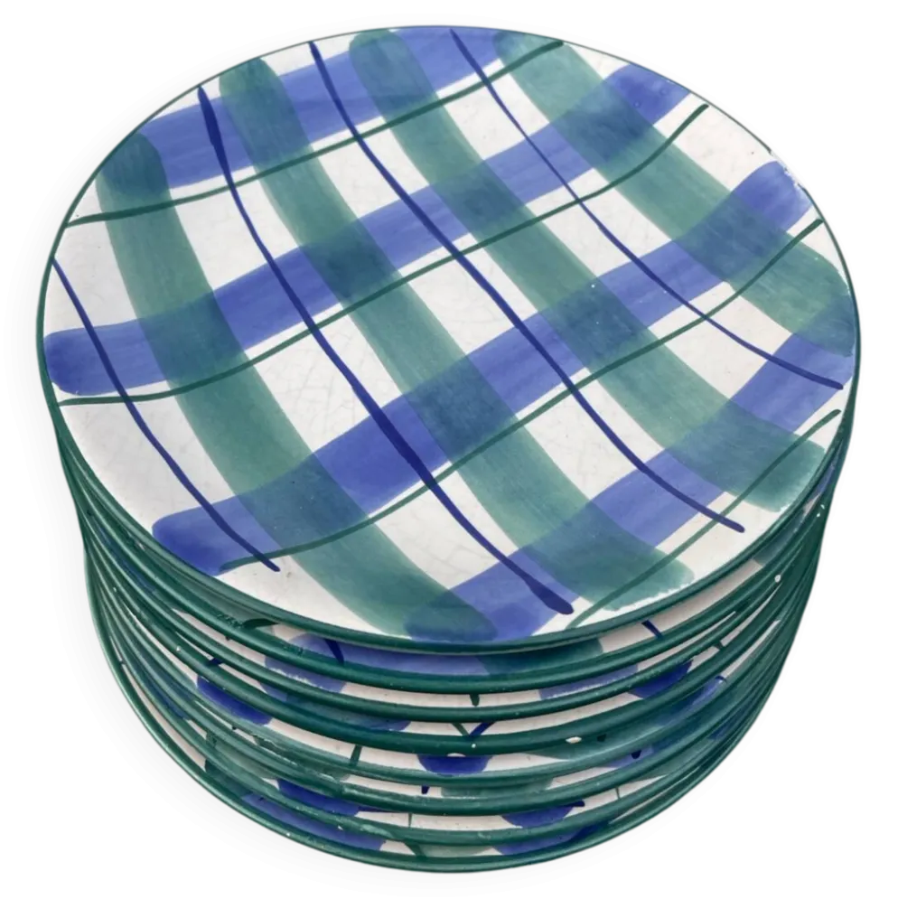 8 assiettes à dessert à carreaux verte et bleu
