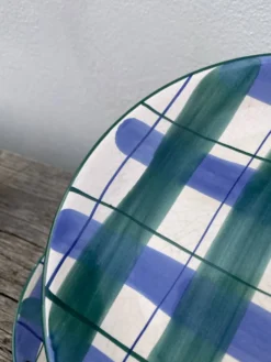 8 assiettes à dessert à carreaux verte et bleu