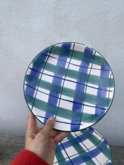 8 assiettes à dessert à carreaux verte et bleu