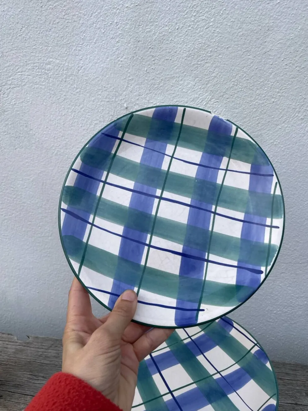 8 assiettes à dessert à carreaux verte et bleu