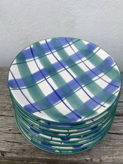 8 assiettes à dessert à carreaux verte et bleu