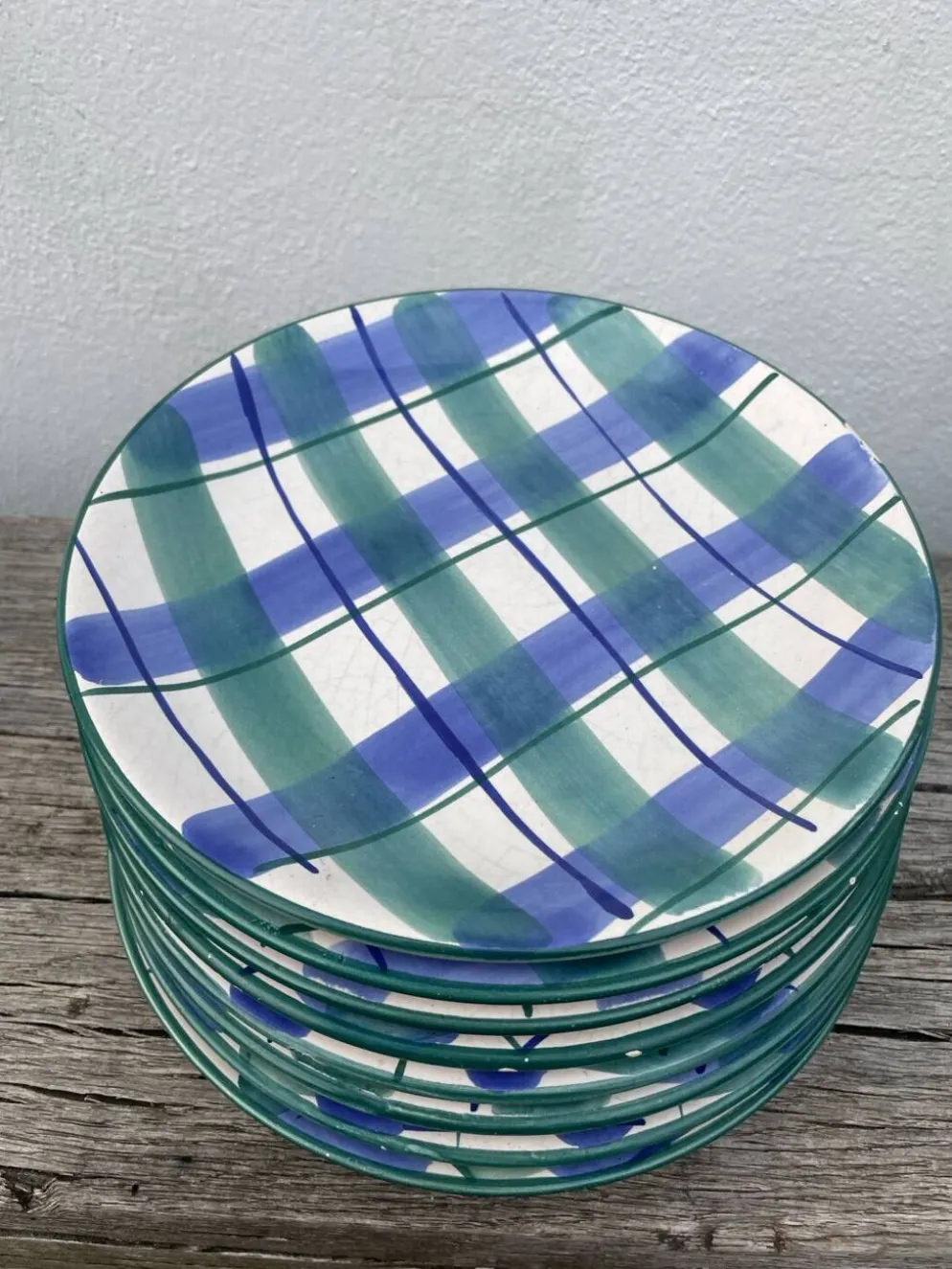 8 assiettes à dessert à carreaux verte et bleu