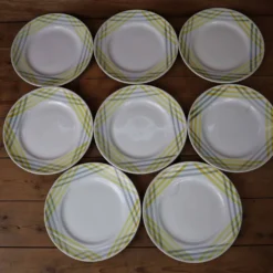 8 assiettes à dessert décor géométrique jaune et gris Moulin des loups