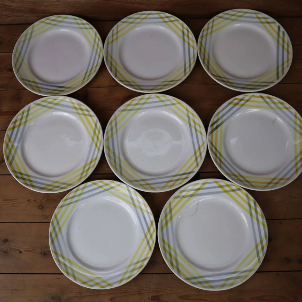 8 assiettes à dessert décor géométrique jaune et gris Moulin des loups