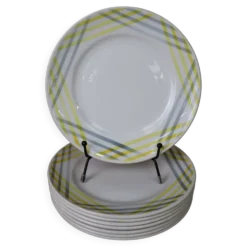8 assiettes à dessert décor géométrique jaune et gris Moulin des loups