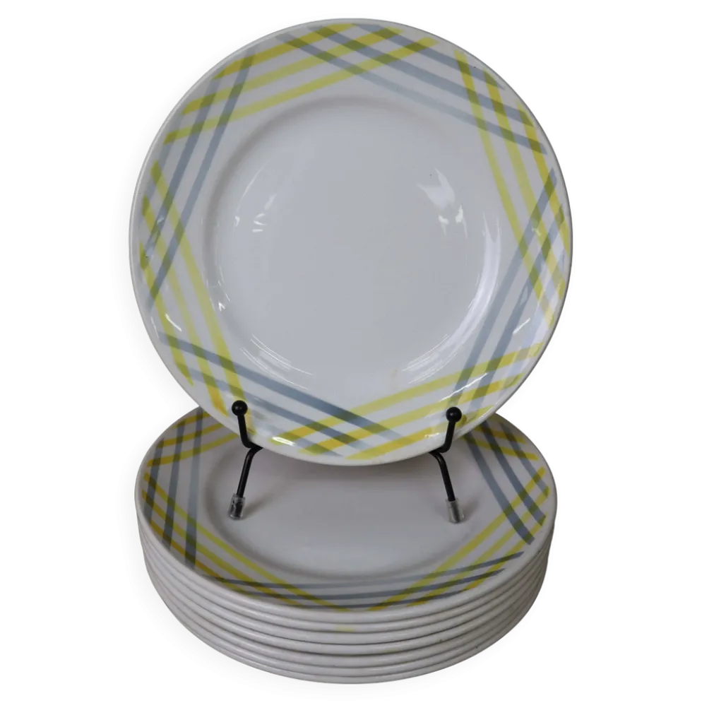 8 assiettes à dessert décor géométrique jaune et gris Moulin des loups