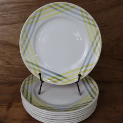 8 assiettes à dessert décor géométrique jaune et gris Moulin des loups