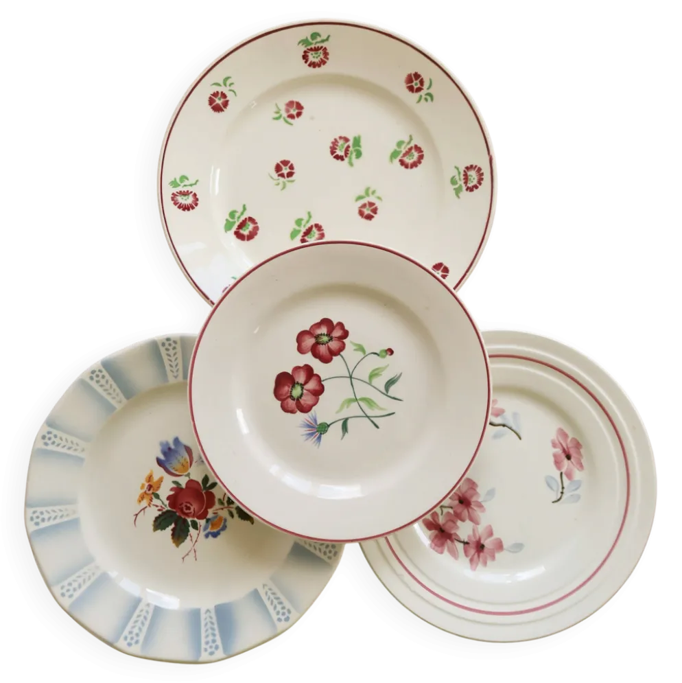 4 assiettes à dessert dépareillées vintage faïence fleurie – Lot Rosie