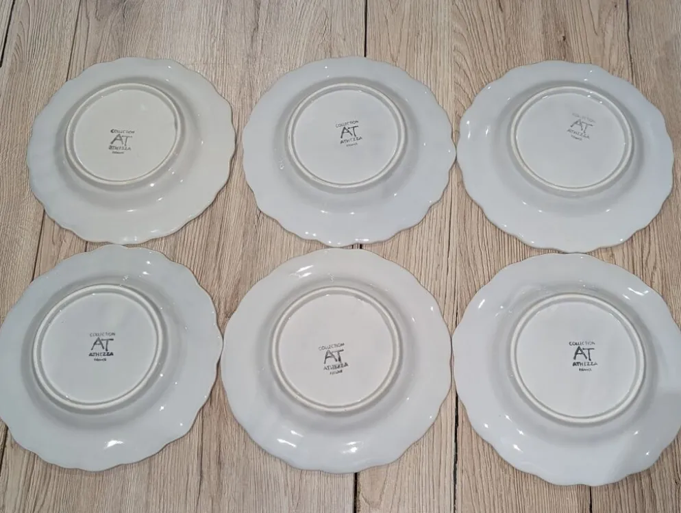 6 assiettes à dessert en céramique frangée blanche et rose