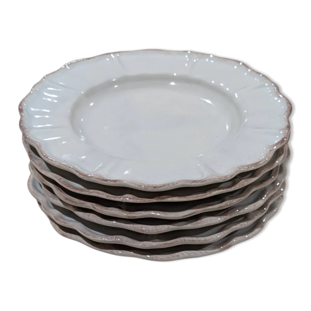 6 assiettes à dessert en céramique frangée blanche et rose