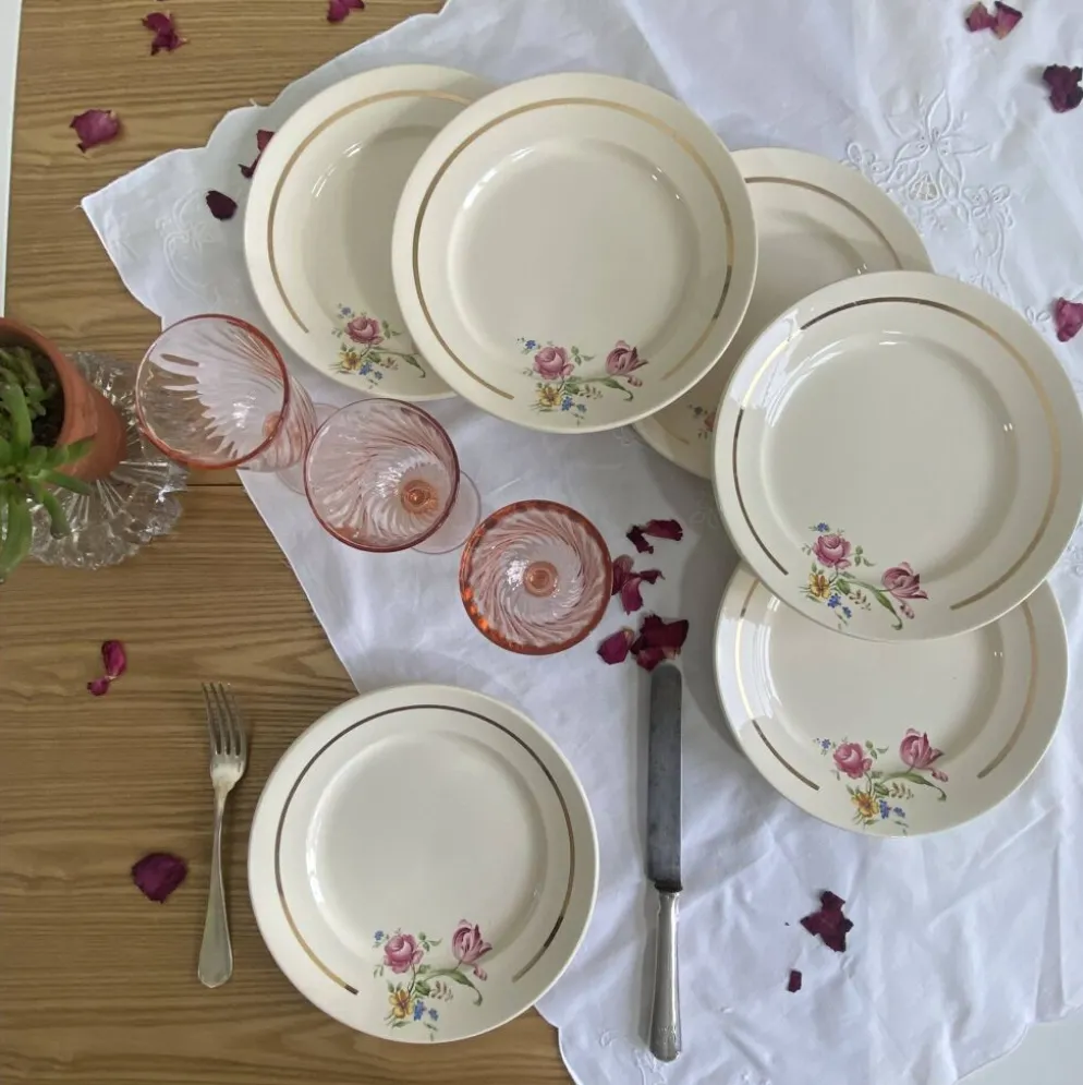 6 assiettes dessert faïence ancienne Badonviller fleurs et dorure