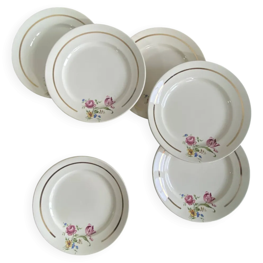 6 assiettes dessert faïence ancienne Badonviller fleurs et dorure