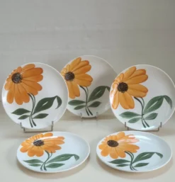 Assiettes à Dessert Gien Vintage – Décor Tournesol Orange 70s -Lot de 5