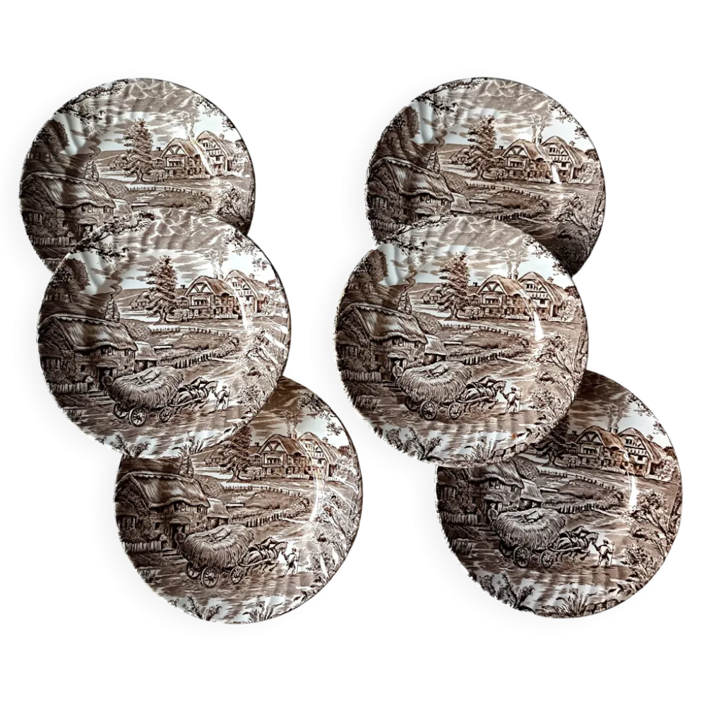 6 assiettes dessert marron et blanche Ridgway "Hayride", Staffordshire Iron
