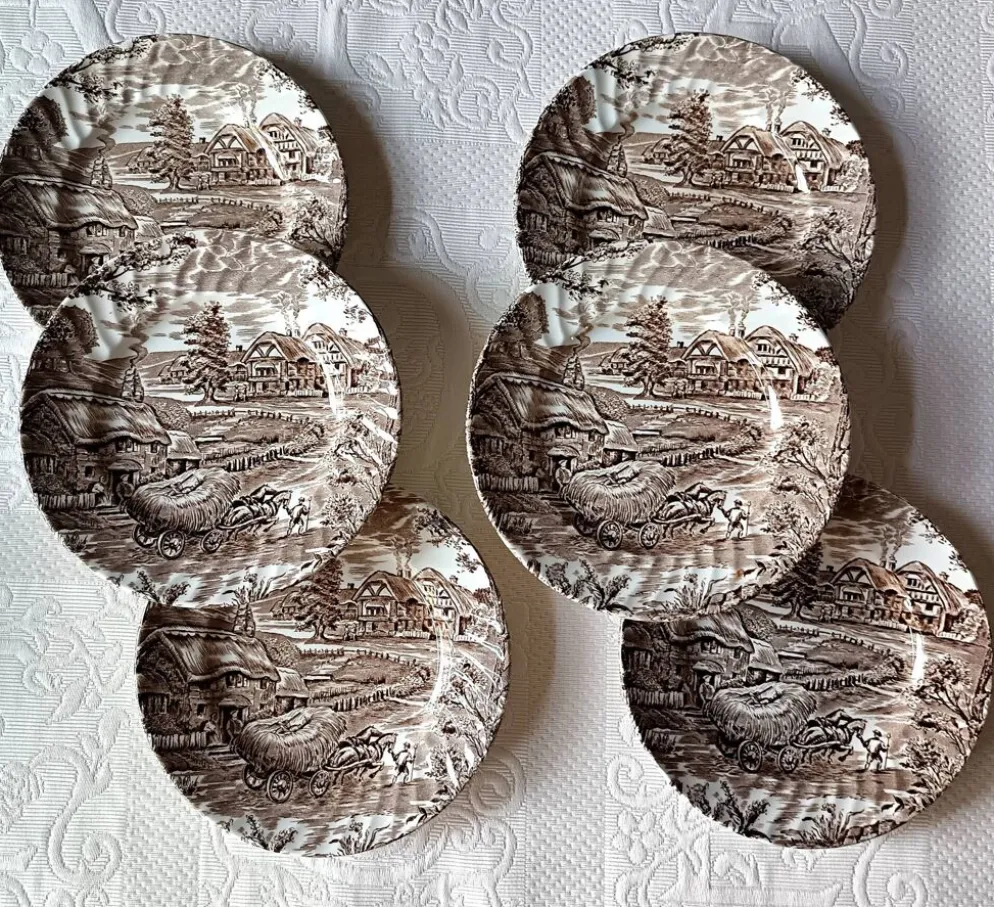 6 assiettes dessert marron et blanche Ridgway "Hayride", Staffordshire Iron