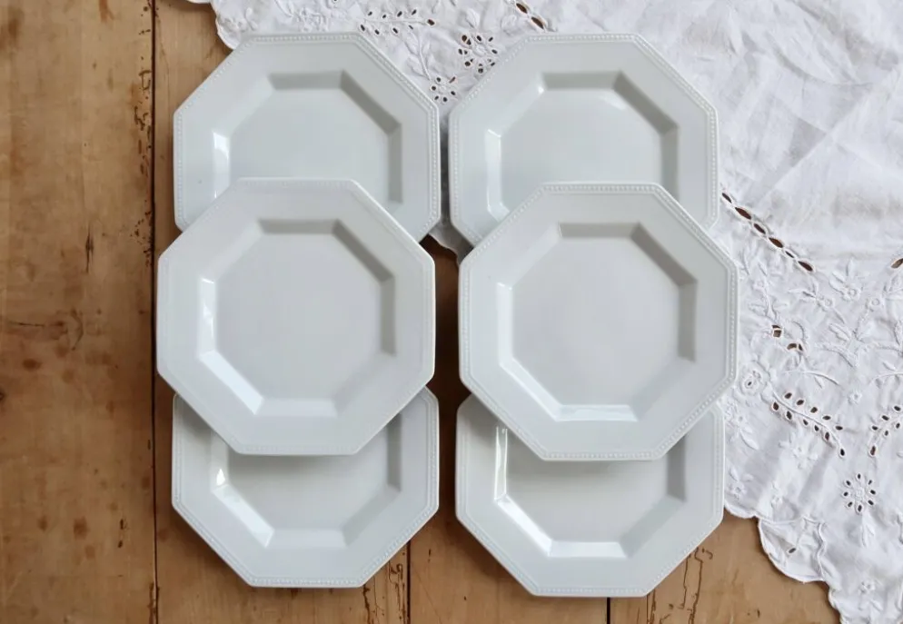 6 assiettes à dessert porcelaine vintage octogonale perlées