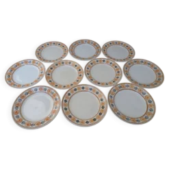 10 assiettes à dessert Saint Amand Amandinoise frise fleurs orange et noire