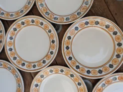 10 assiettes à dessert Saint Amand Amandinoise frise fleurs orange et noire