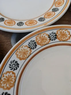 10 assiettes à dessert Saint Amand Amandinoise frise fleurs orange et noire