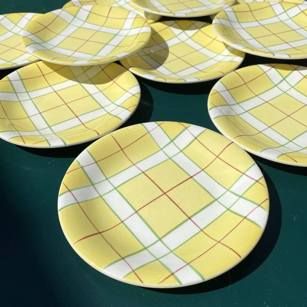 Assiettes à dessert Salins France décor torchon années 50-60