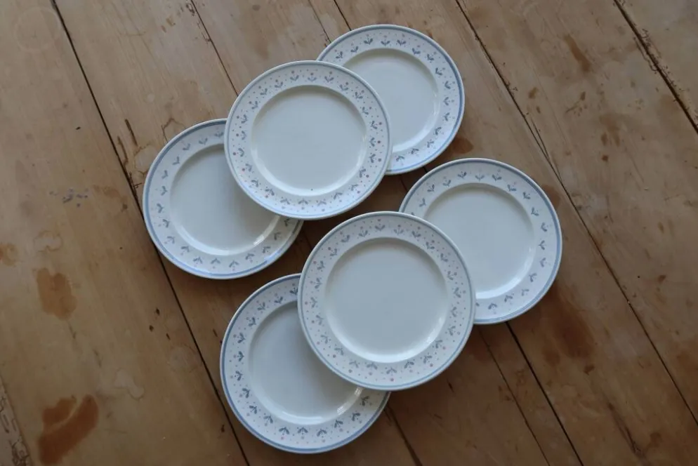 6 assiettes à dessert vintage estampillées Longchamp liseré fleuri