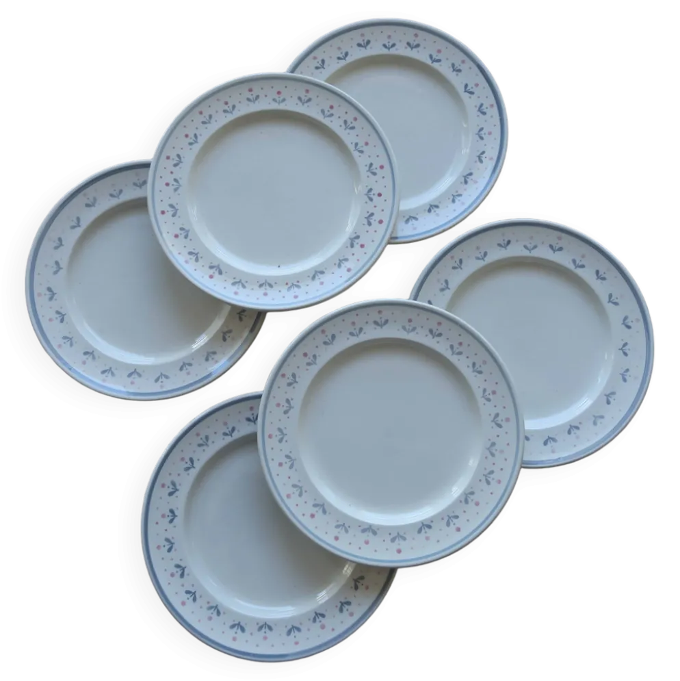6 assiettes à dessert vintage estampillées Longchamp liseré fleuri