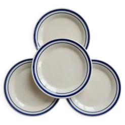 4 assiettes à dessert vintage faïence– double liseré bleu style bistrot