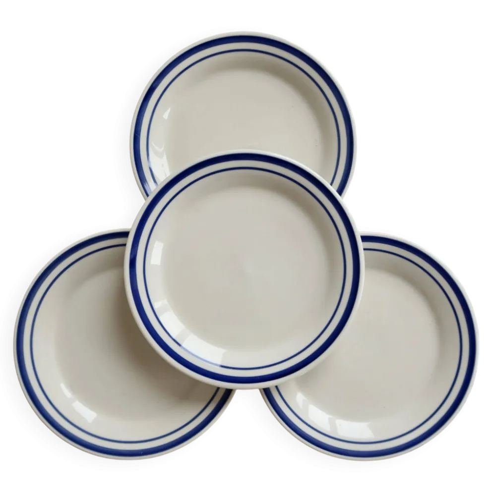 4 assiettes à dessert vintage faïence– double liseré bleu style bistrot