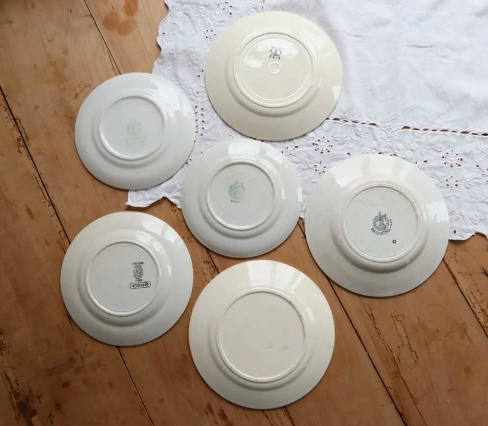 6 assiettes à dessert vintage faïence dépareillée bleue blanche