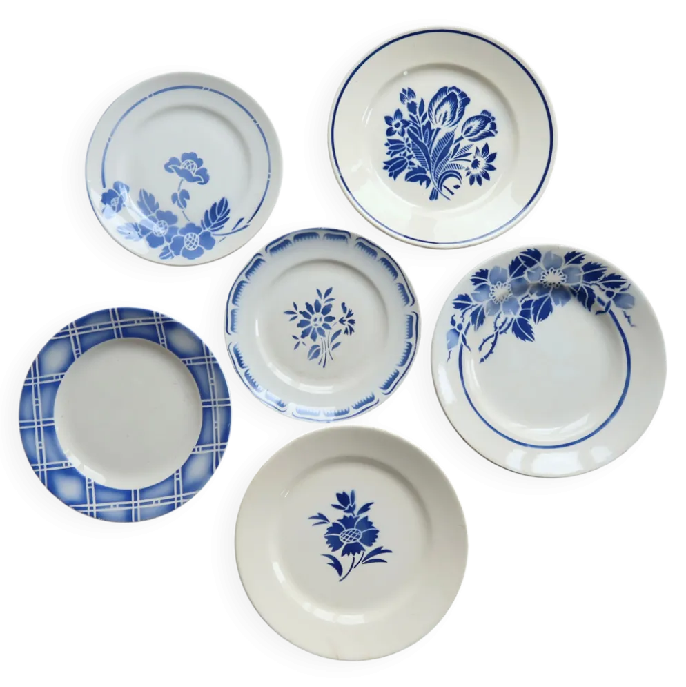 6 assiettes à dessert vintage faïence dépareillée bleue blanche