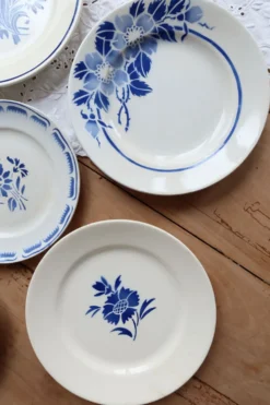 6 assiettes à dessert vintage faïence dépareillée bleue blanche