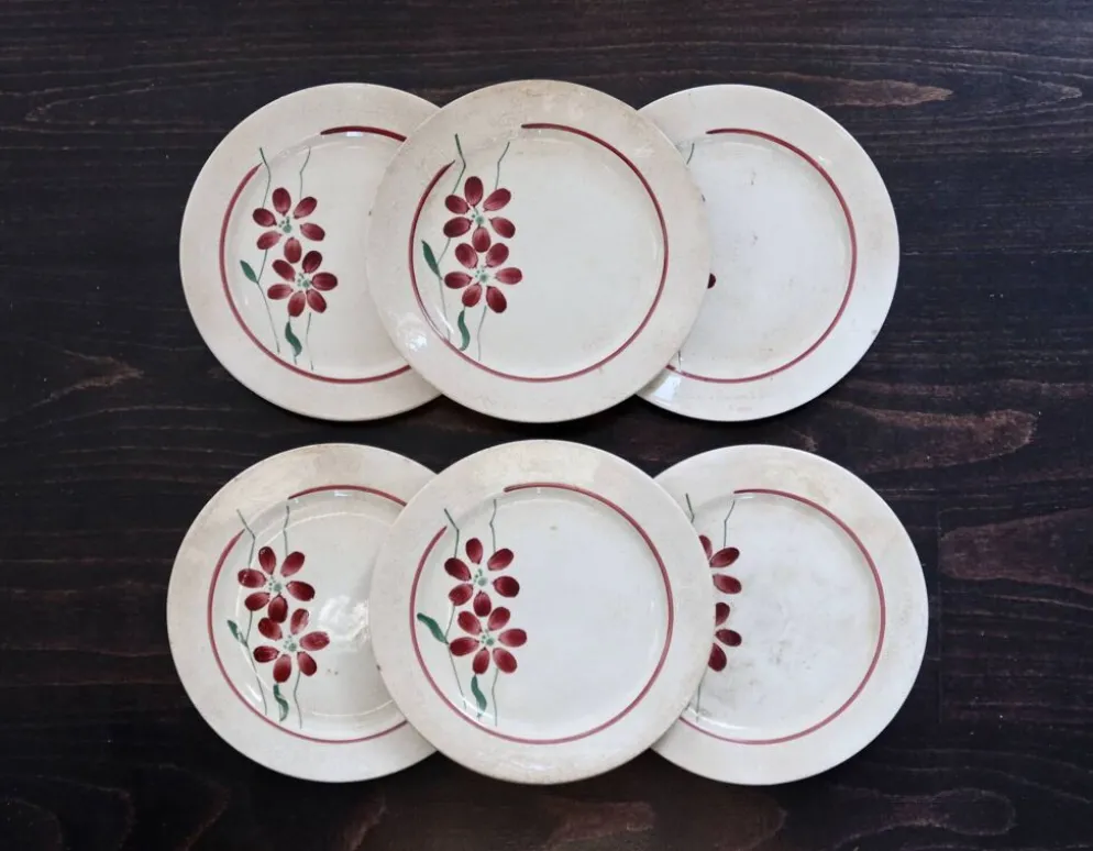 6 assiettes à dessert vintage faïence - Décor fleuri