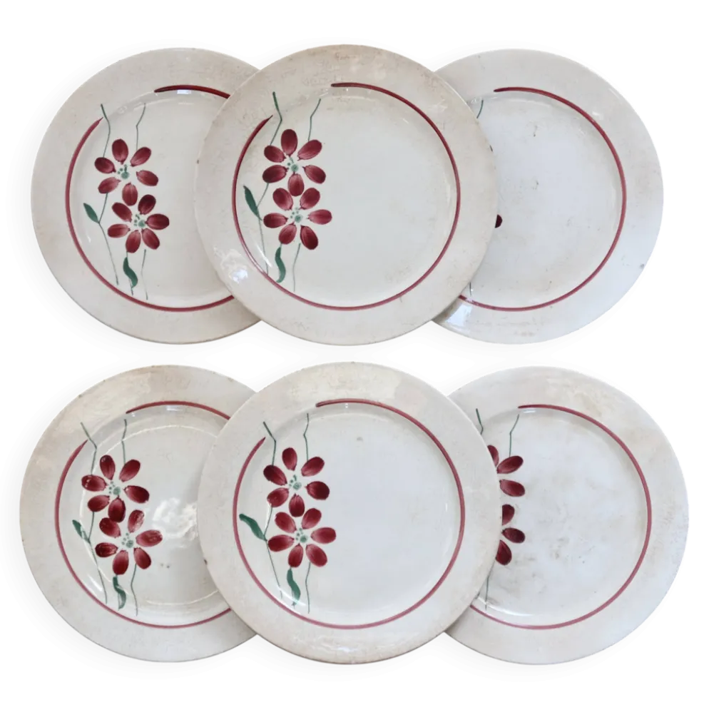 6 assiettes à dessert vintage faïence - Décor fleuri