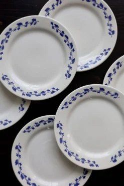 6 assiettes à dessert vintage – faïence Oxford – Blanc & bleu