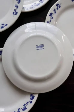 6 assiettes à dessert vintage – faïence Oxford – Blanc & bleu