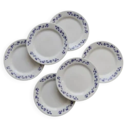 6 assiettes à dessert vintage – faïence Oxford – Blanc & bleu