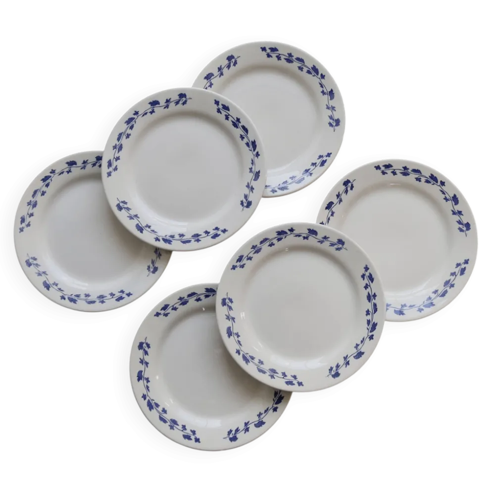 6 assiettes à dessert vintage – faïence Oxford – Blanc & bleu