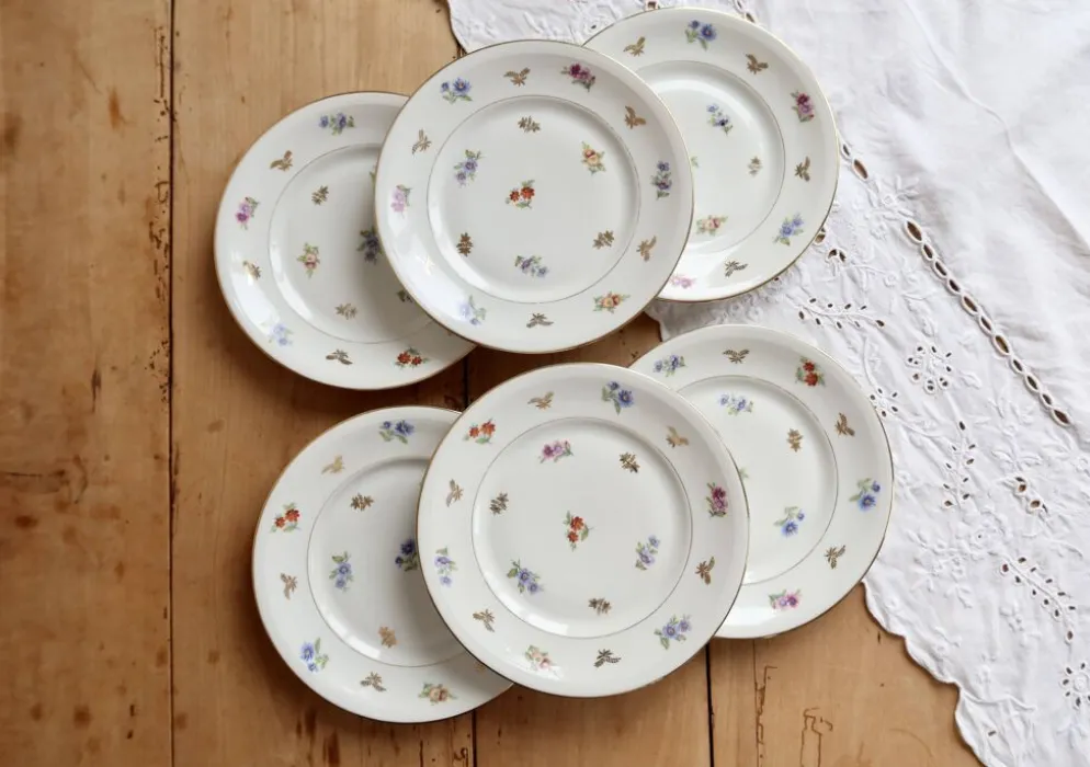 6 assiettes à dessert vintage porcelaine de Limoges – fleurettes