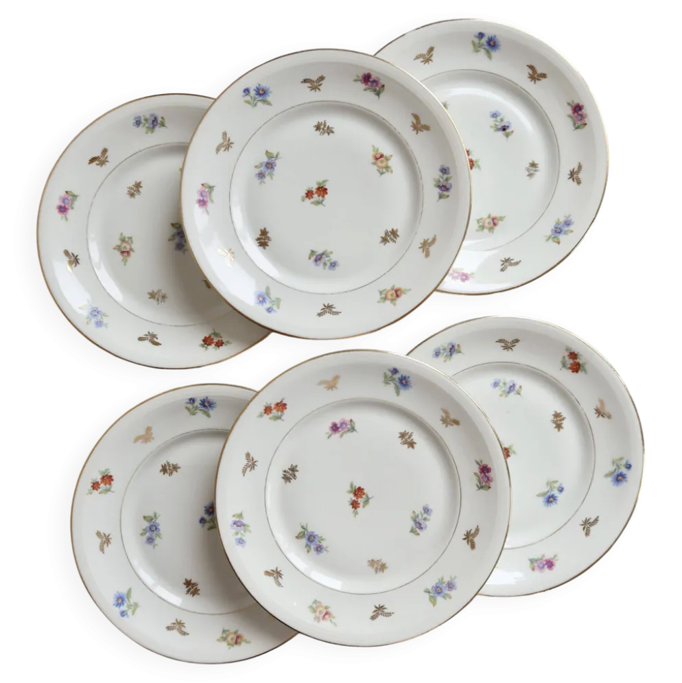 6 assiettes à dessert vintage porcelaine de Limoges – fleurettes