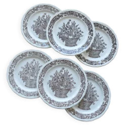 Assiettes à dessert vintage porcelaine motif bouquet champêtre marron
