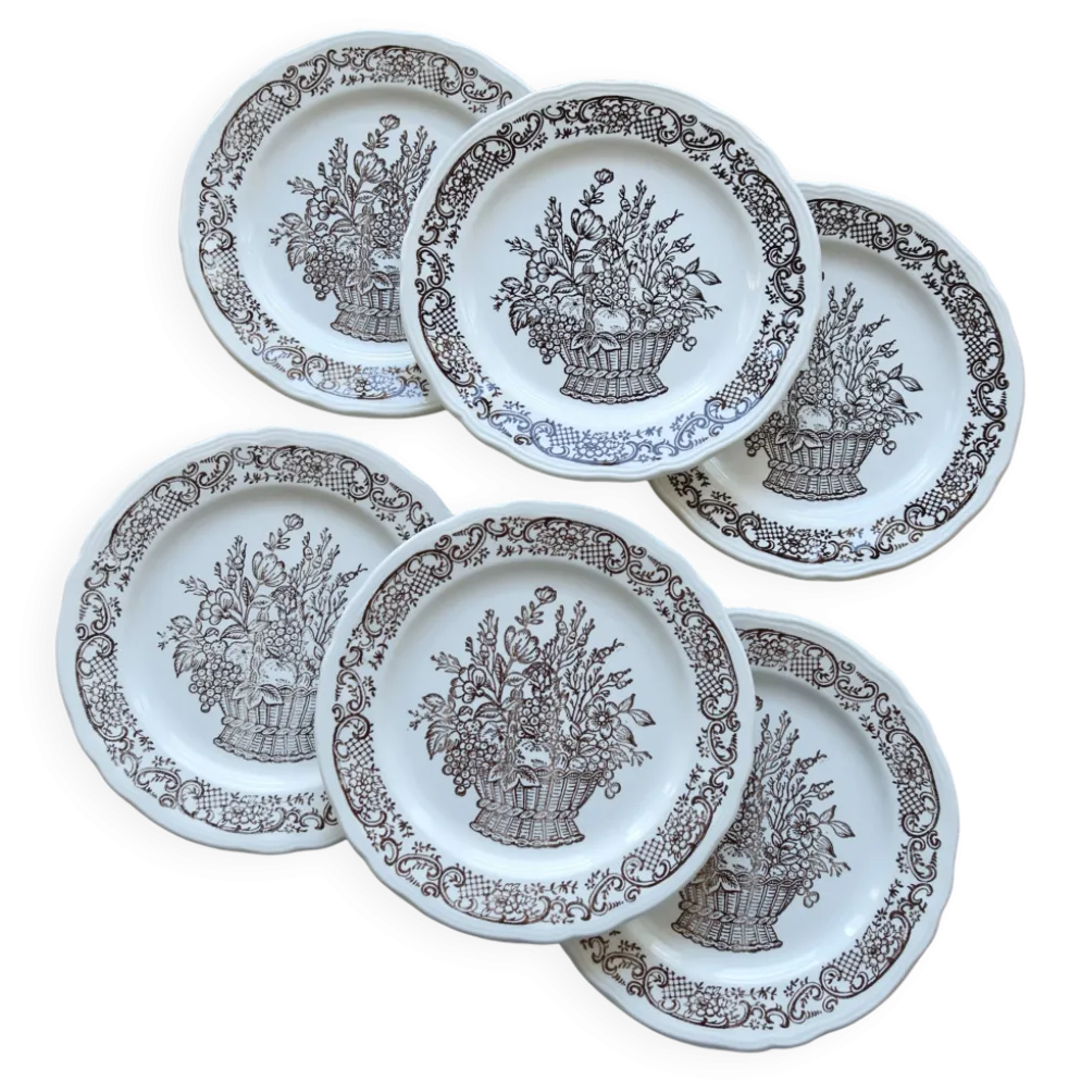 Assiettes à dessert vintage porcelaine motif bouquet champêtre marron
