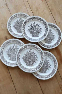 Assiettes à dessert vintage porcelaine motif bouquet champêtre marron
