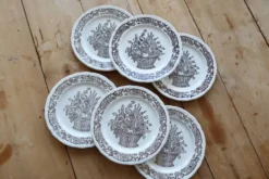 Assiettes à dessert vintage porcelaine motif bouquet champêtre marron