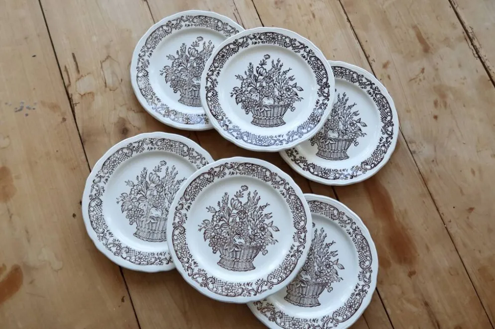 Assiettes à dessert vintage porcelaine motif bouquet champêtre marron