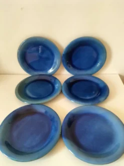 6 assiettes en grès émaillé – bleu cobalt & turquoise
